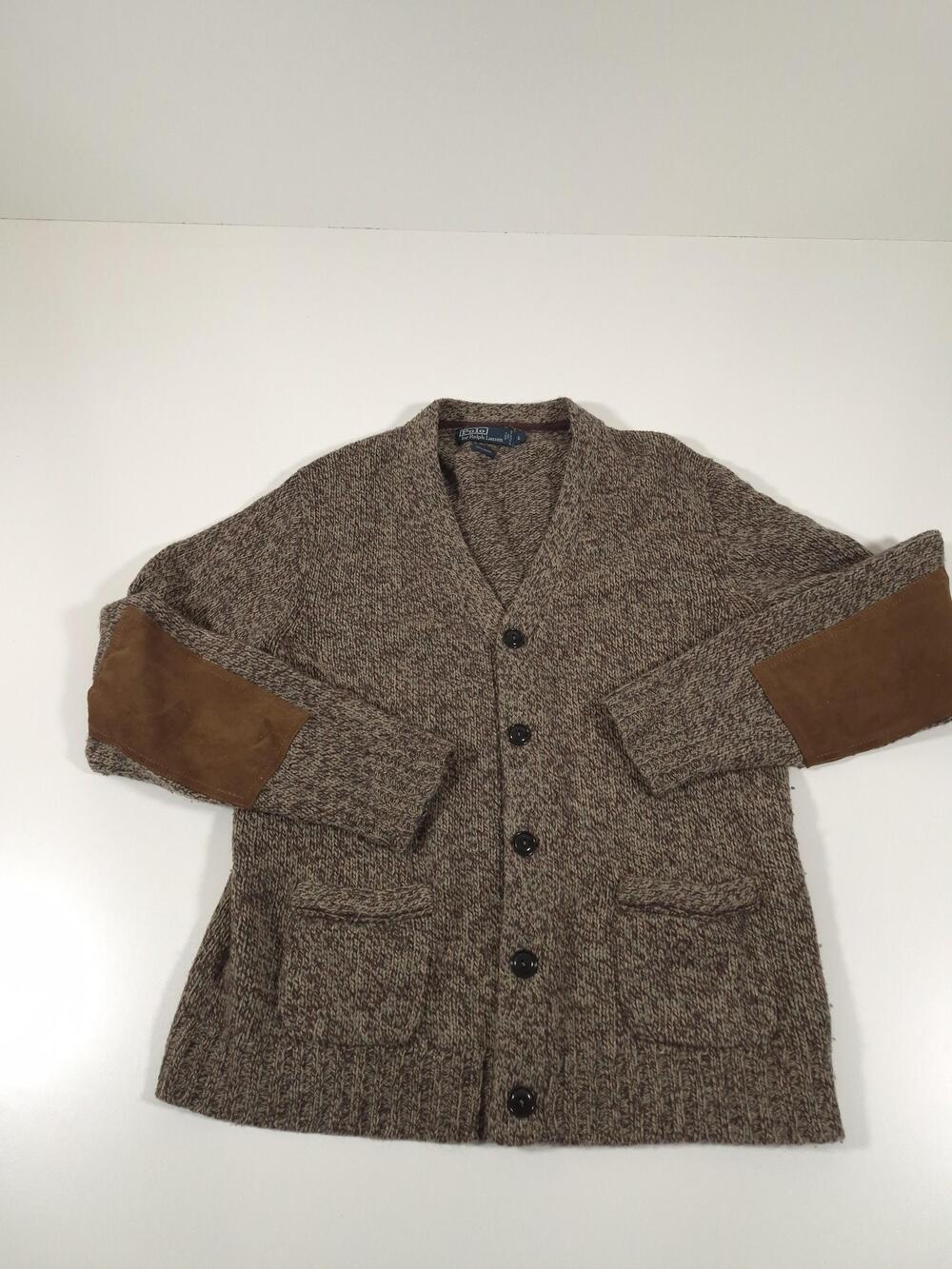 Polo By Ralph Lauren Sweater Mens L Brown Wool Cardigan Suede Elbow Patches FLAW